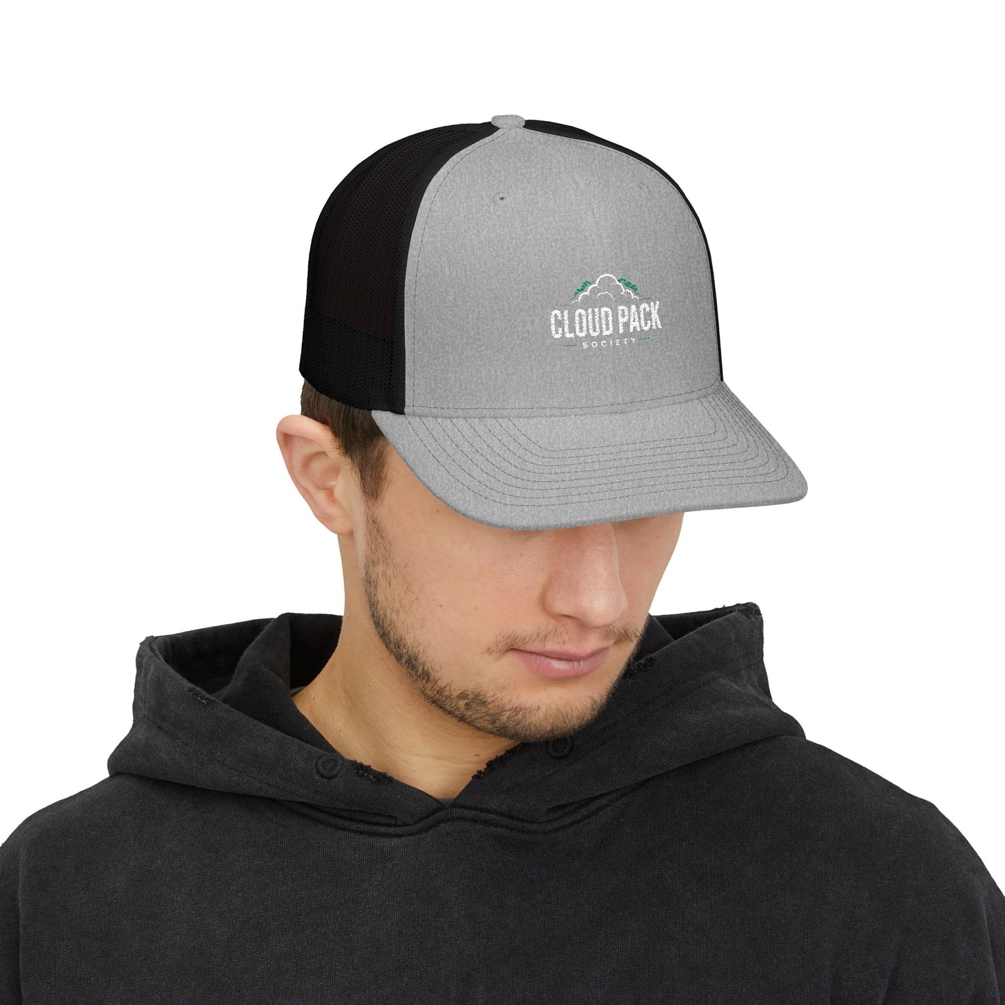 Cloud Pack Trucker Cap — Embroidered Mountain & Cloud Snapback Hat