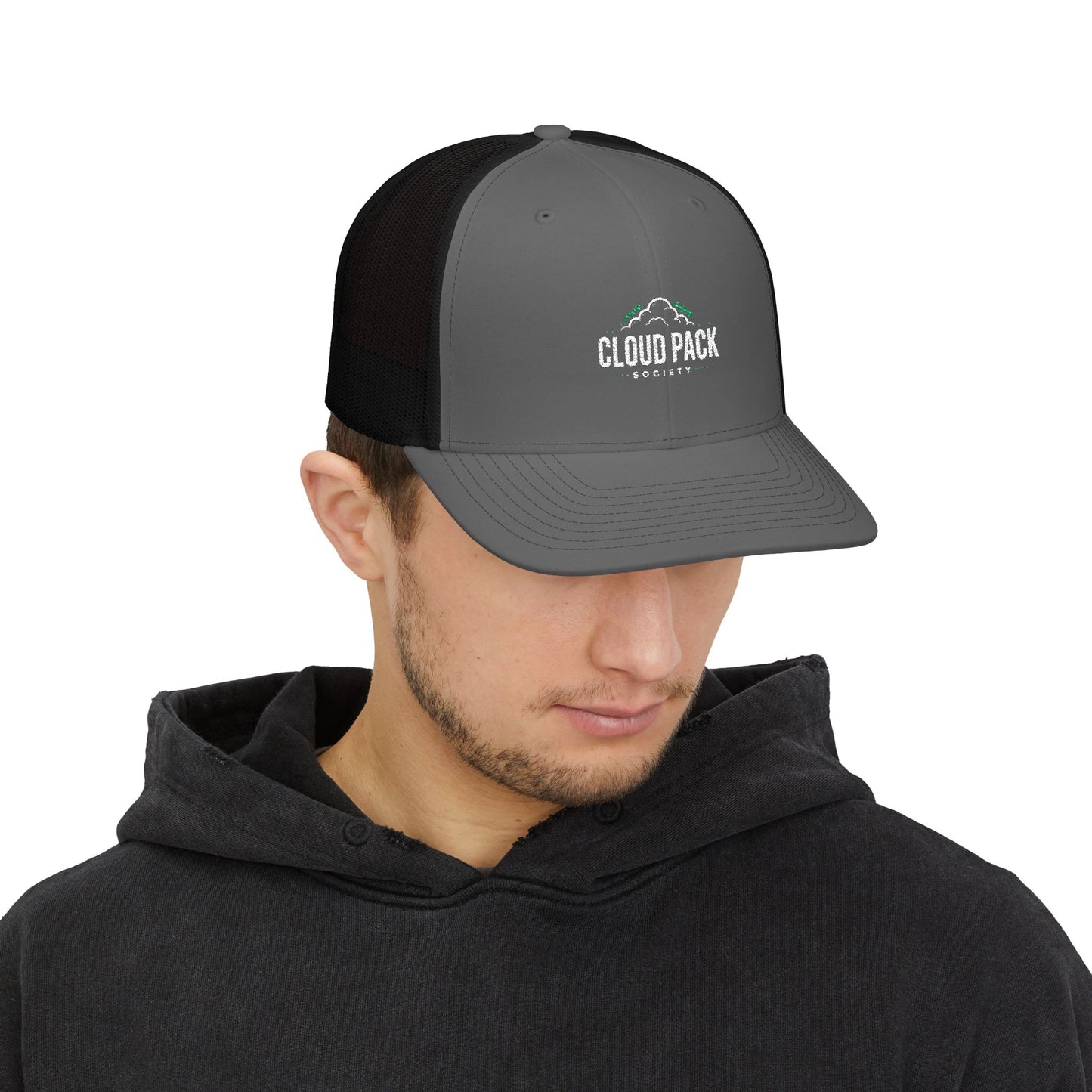 Cloud Pack Trucker Cap — Embroidered Mountain & Cloud Snapback Hat