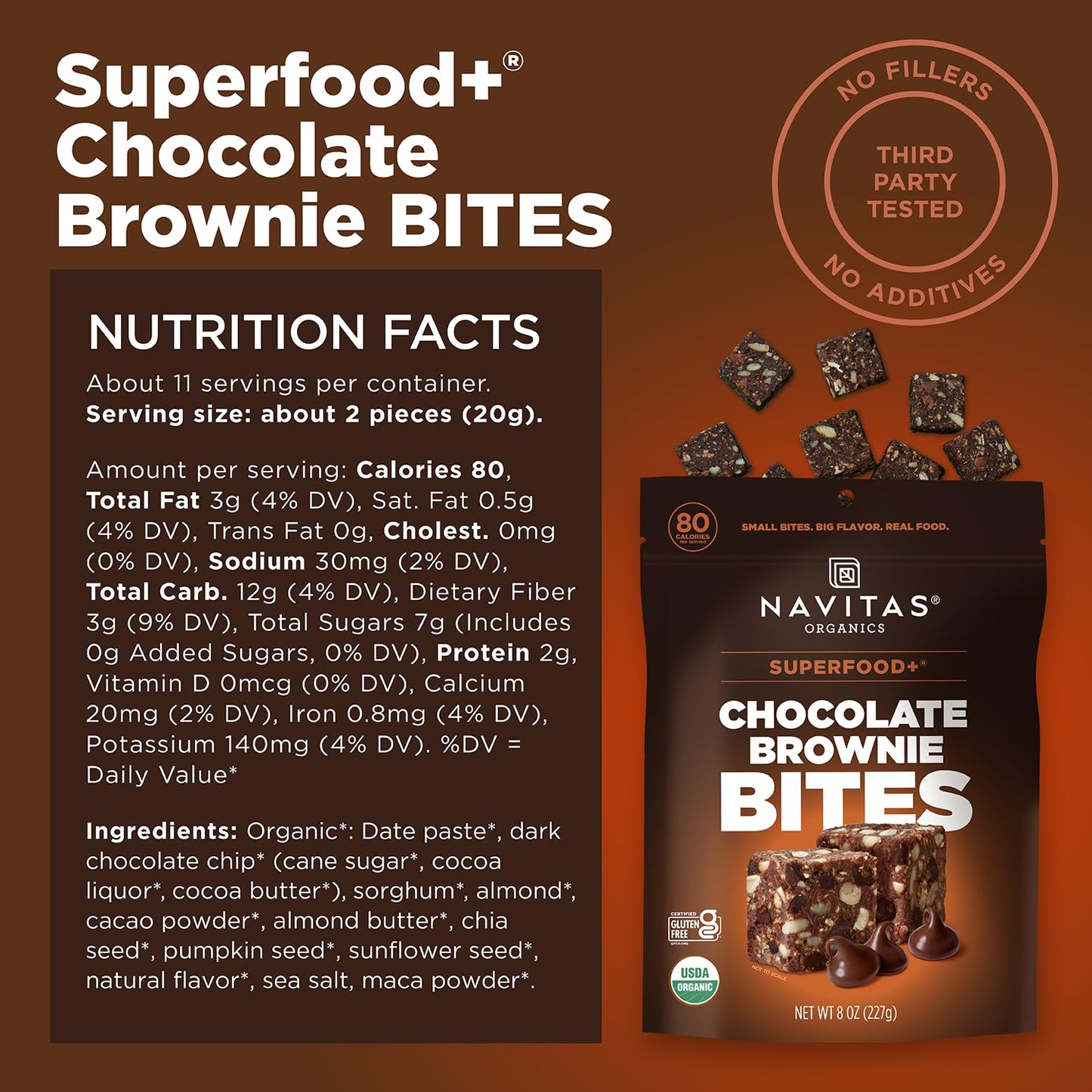 Navitas Organics Chocolate Brownie Superfood+ BITES – Power Snacks – All Natural Plant Based – Clean Energy & Nutrition – USDA Organic, Non GMO, Gluten Free, Kosher, Vegan (8oz. Bag 11 Servings)