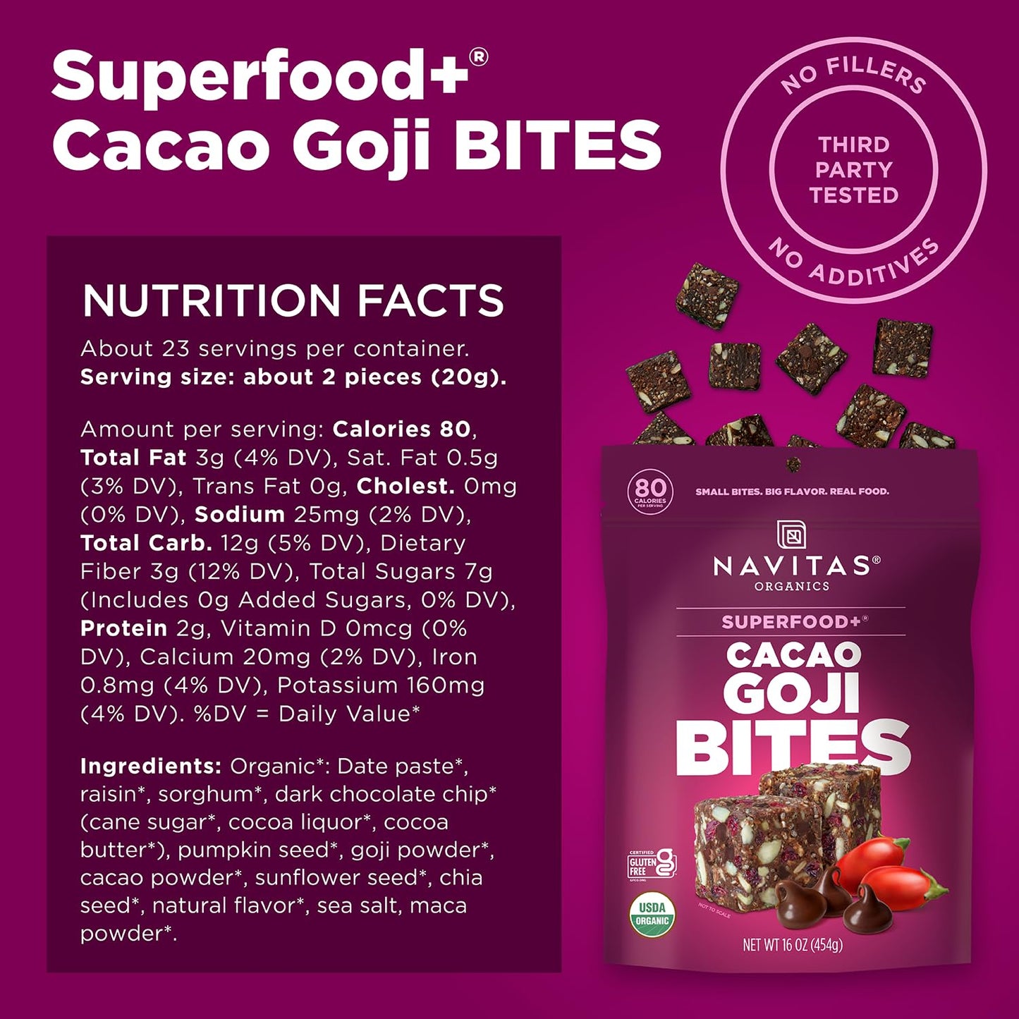 Navitas Organics Chocolate Brownie Superfood+ BITES – Power Snacks – All Natural Plant Based – Clean Energy & Nutrition – USDA Organic, Non GMO, Gluten Free, Kosher, Vegan (8oz. Bag 11 Servings)