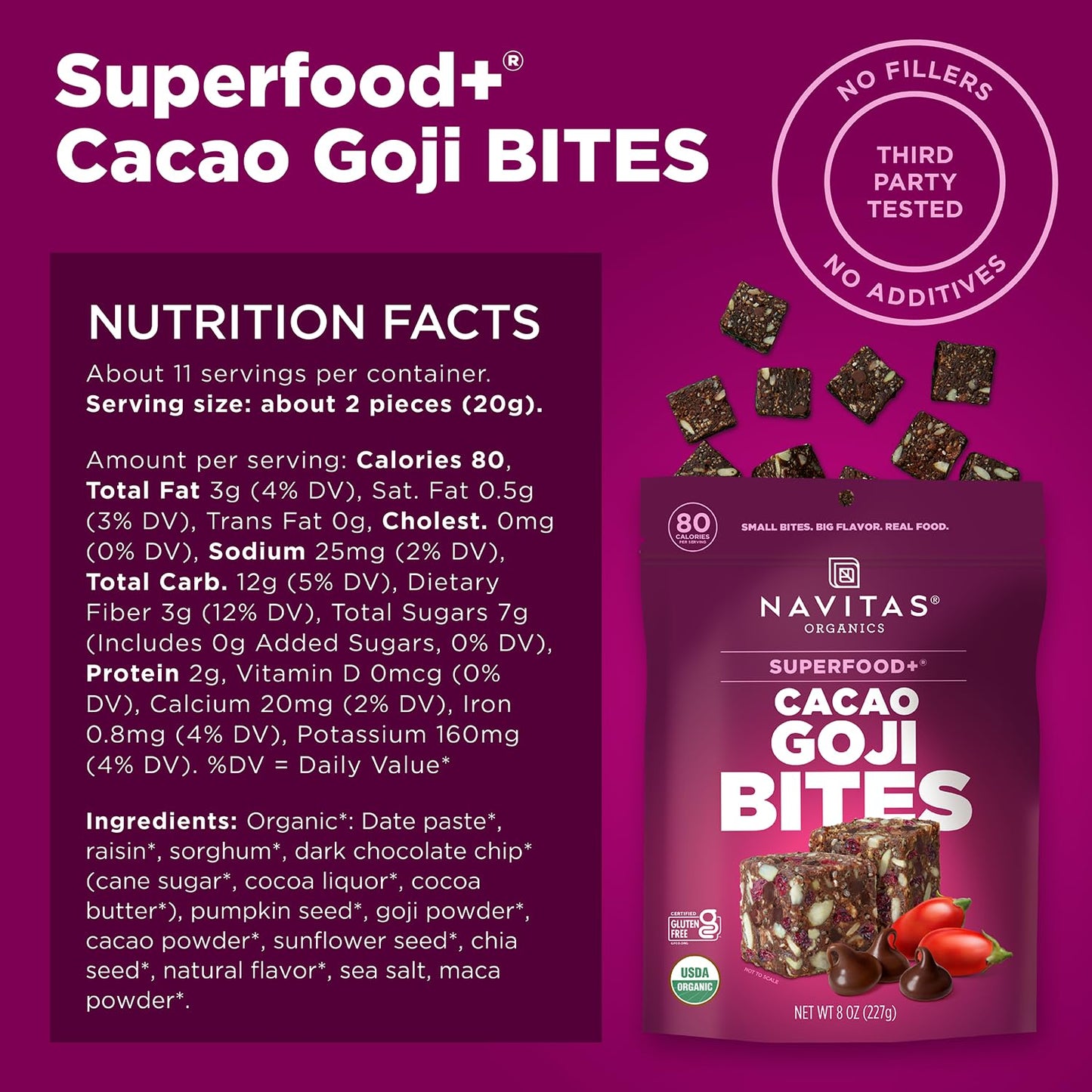 Navitas Organics Chocolate Brownie Superfood+ BITES – Power Snacks – All Natural Plant Based – Clean Energy & Nutrition – USDA Organic, Non GMO, Gluten Free, Kosher, Vegan (8oz. Bag 11 Servings)
