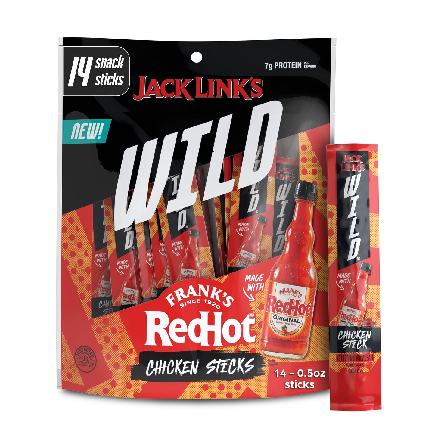 Jack Link's Wild Frank's RedHot Mini Chicken Sticks - Ready to Eat Protein Snacks - 7g of Protein per Serving - (14 Count) 0.5 oz Meat Snacks