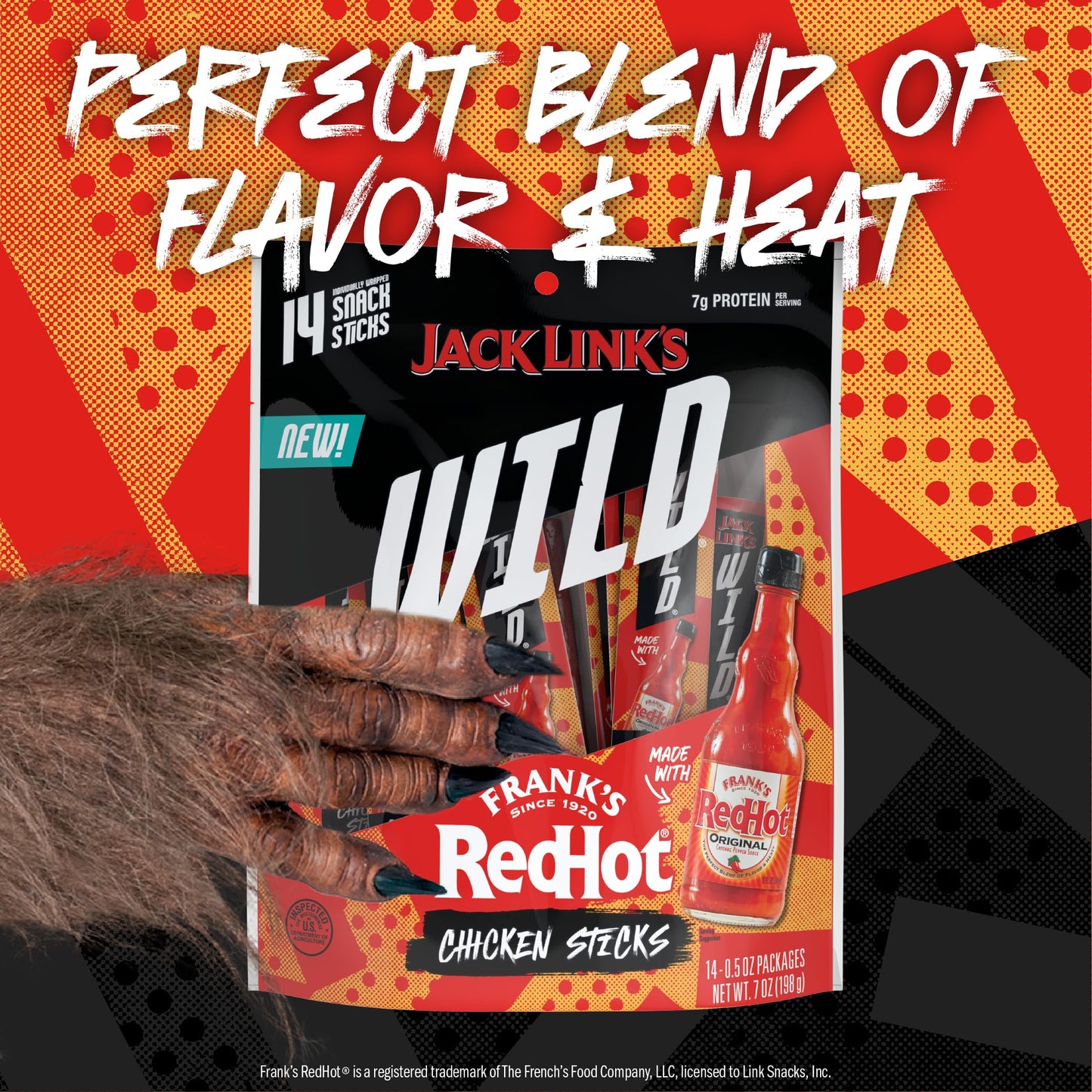 Jack Link's Wild Frank's RedHot Mini Chicken Sticks - Ready to Eat Protein Snacks - 7g of Protein per Serving - (14 Count) 0.5 oz Meat Snacks