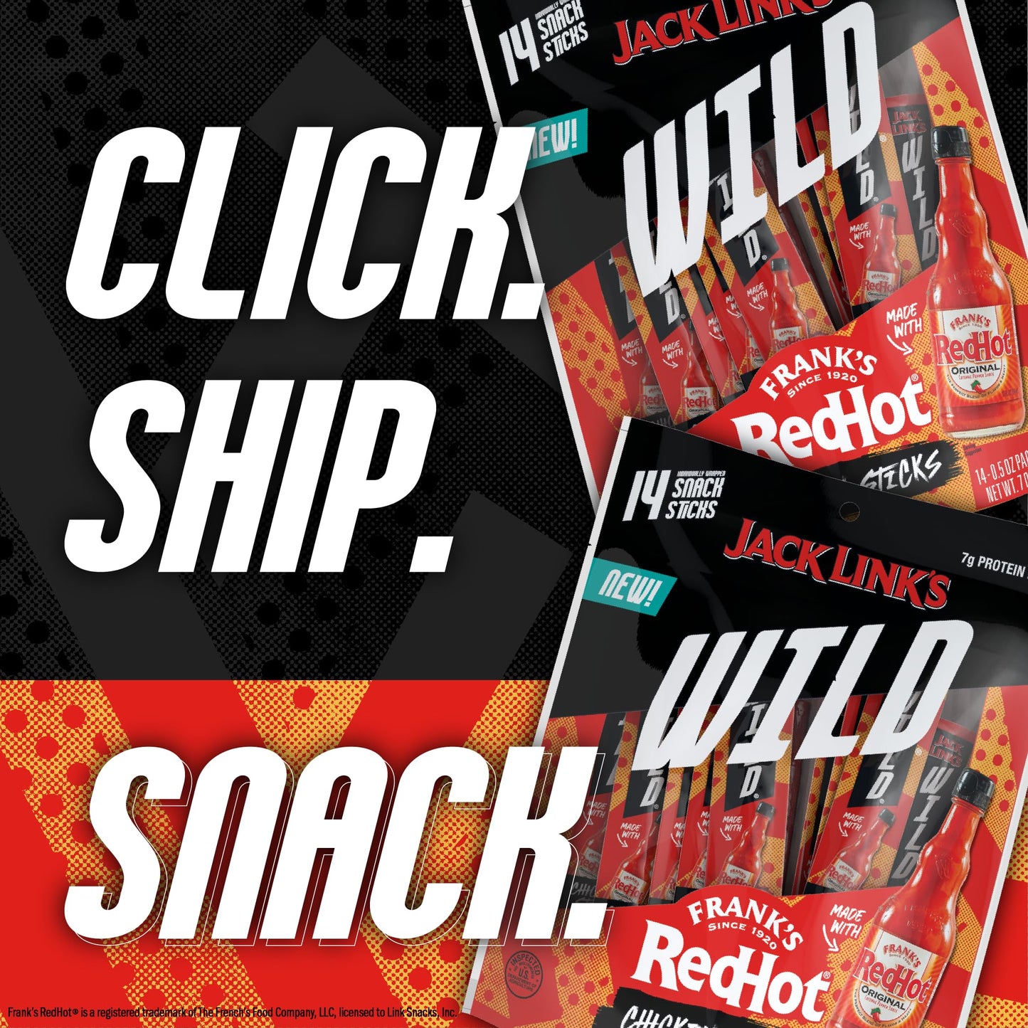 Jack Link's Wild Frank's RedHot Mini Chicken Sticks - Ready to Eat Protein Snacks - 7g of Protein per Serving - (14 Count) 0.5 oz Meat Snacks