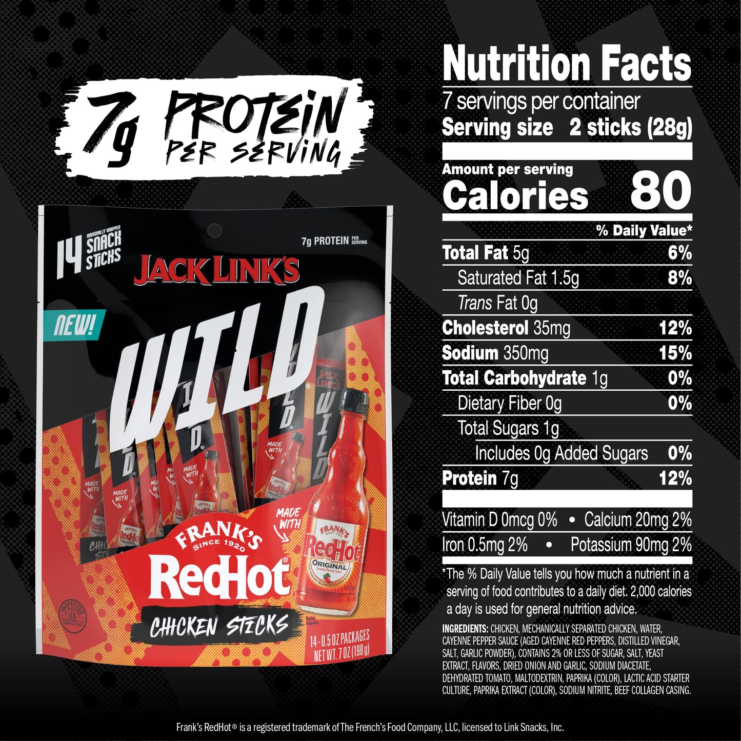 Jack Link's Wild Frank's RedHot Mini Chicken Sticks - Ready to Eat Protein Snacks - 7g of Protein per Serving - (14 Count) 0.5 oz Meat Snacks