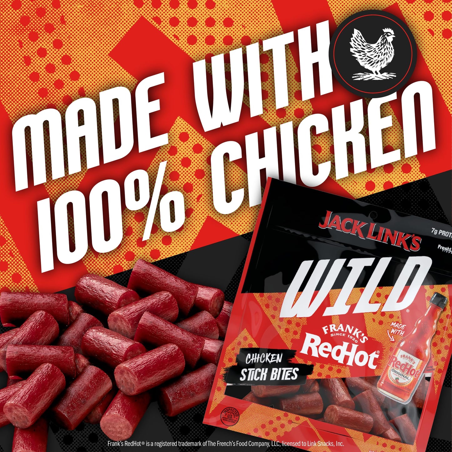 Jack Link's Wild Frank's RedHot Mini Chicken Sticks - Ready to Eat Protein Snacks - 7g of Protein per Serving - (14 Count) 0.5 oz Meat Snacks