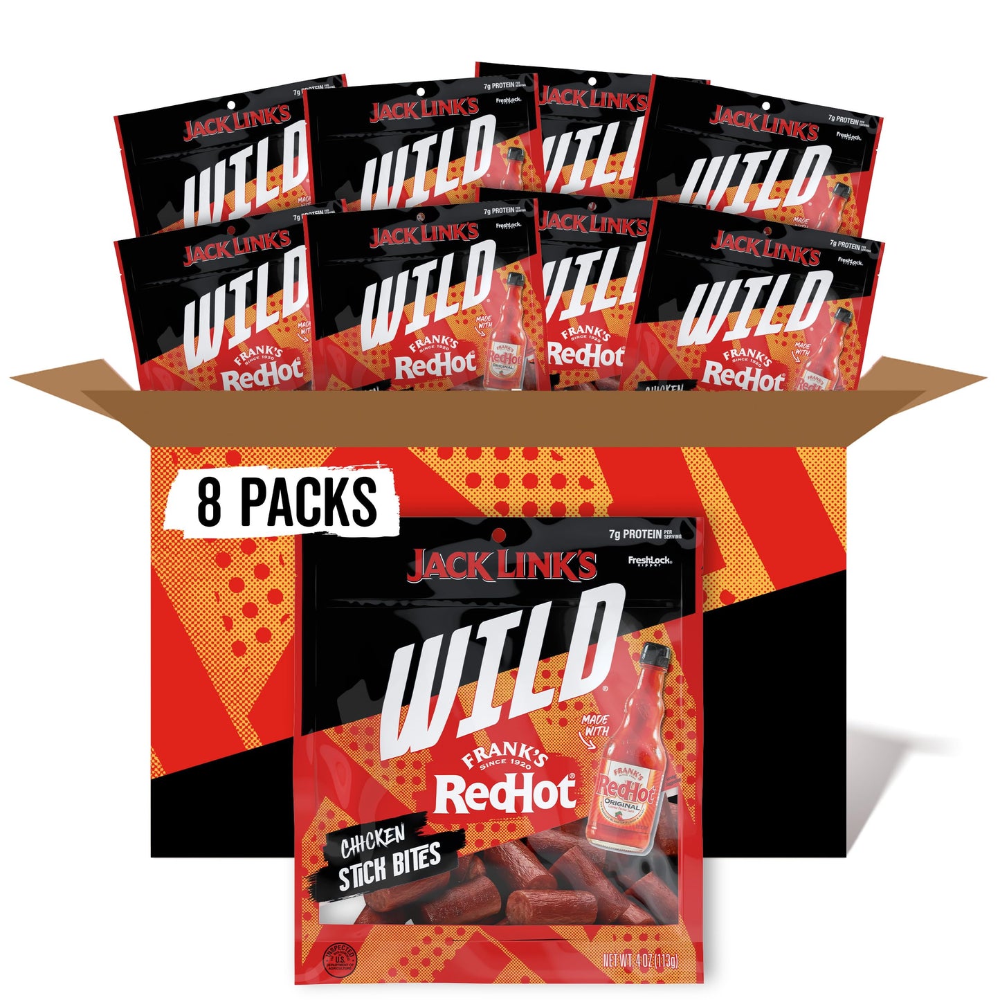 Jack Link's Wild Frank's RedHot Mini Chicken Sticks - Ready to Eat Protein Snacks - 7g of Protein per Serving - (14 Count) 0.5 oz Meat Snacks