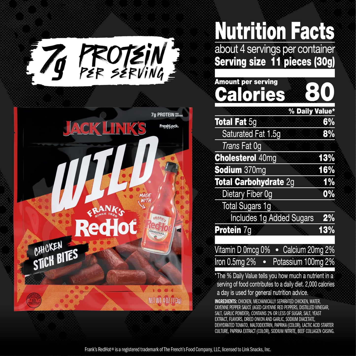 Jack Link's Wild Frank's RedHot Mini Chicken Sticks - Ready to Eat Protein Snacks - 7g of Protein per Serving - (14 Count) 0.5 oz Meat Snacks