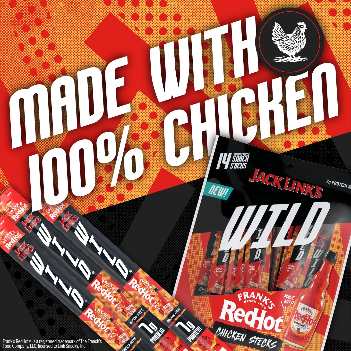 Jack Link's Wild Frank's RedHot Mini Chicken Sticks - Ready to Eat Protein Snacks - 7g of Protein per Serving - (14 Count) 0.5 oz Meat Snacks